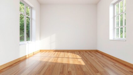 Obraz premium Modern Empty Room Design with Wooden Floor and Outdoor Foliage 3D Render