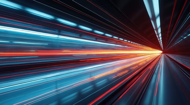 Futuristic tunnel with vibrant blue and red light trails, creating a sense of speed and motion.