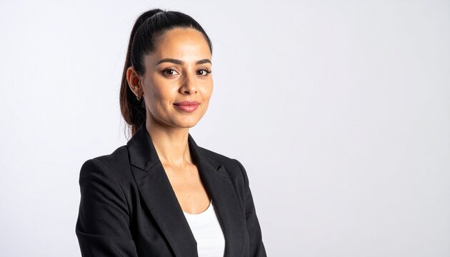 白いマット背景に立ち、シャープなスーツジャケットを着た30代のラテン系女性ビジネスマン。軽く微笑みながら自信満々の姿を見せる。ポニーテールの髪型とシンプルなメイクがプロフェッショナルでモダンな印象を作り出す。

