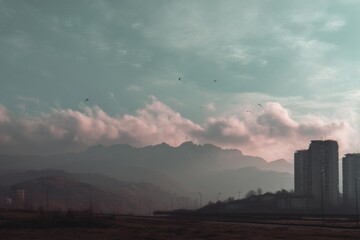 Fototapeta premium Serene dystopia in utopian surrealism with muted tones and copy space above