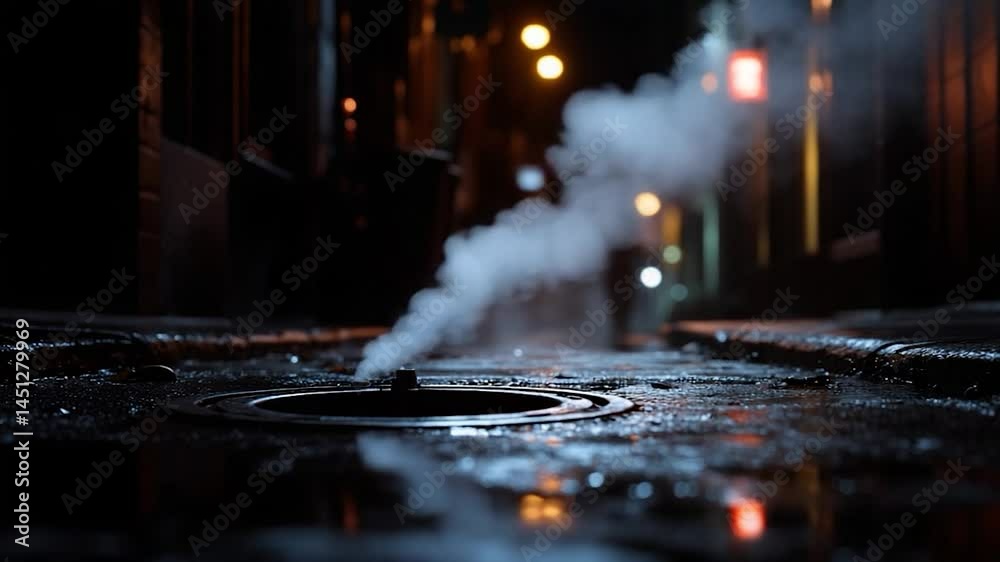 Aufkleber a low angle shot of a city alley at night features a steam rising from a manhole cover illuminated b