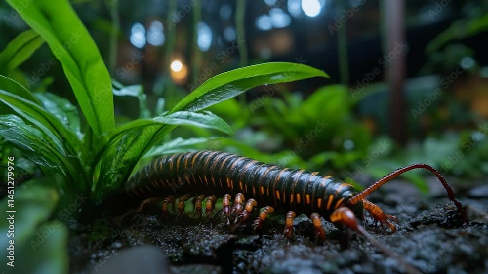 Aufkleber a macro shot of a vibrant arthropod traversing damp earth amidst lush green foliage with blurred bac