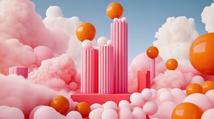 Dreamy Pink and Orange 3D Abstract Composition with Floating Spheres and Geometric Pillars