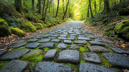 Cobblestone path through autumnal forest