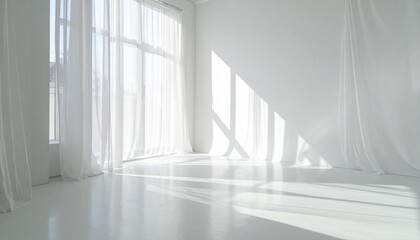 Fototapeta premium Bright white studio room with sunlight streaming through sheer curtains