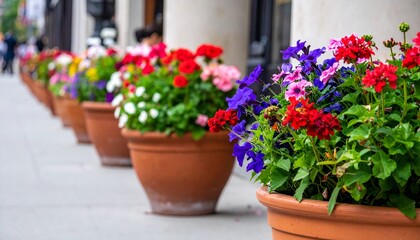 Obraz premium Row of flower pots with colorful blooming flowers on urban street