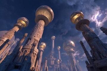 Skyborne temples in utopian surrealism with celestial lighting and space for text