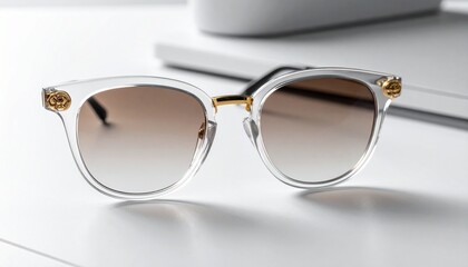 Stylish sunglasses with clear frame and gradient lenses close up