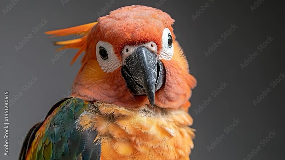 Poster close-up portrait of a colorful bird with orange and yellow plumage against a soft gray background. 