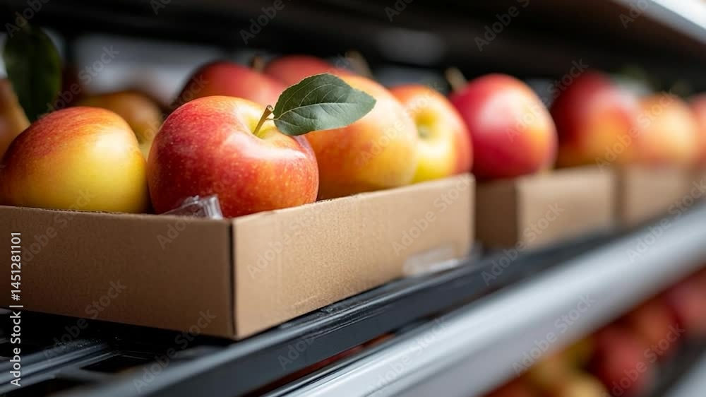 Poster Close up shot of a box of fresh red and yellow apples with a green leaf. Placed on a shelf in a store. Selective focus on the nearest apple