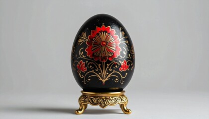 Decorative black easter egg with red and gold floral design on stand