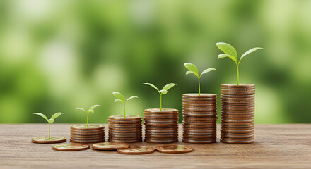Growth of Plants on Stacked Coins Representing Investment and Prosperity