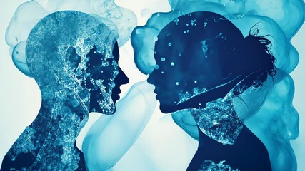 Two ethereal figures, faces intertwined with flowing blue watercolor, gazing at each other