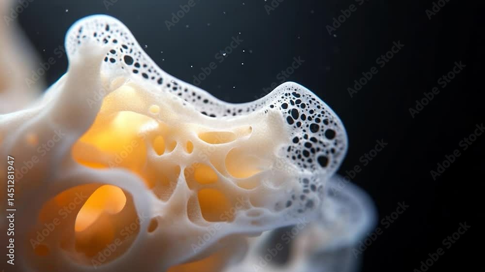 Leinwandbilder close-up of a sponge-like structure with intricate holes and bubbles illuminated by a warm orange gl