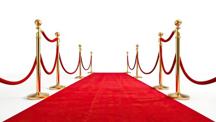 Red Velvet Rope Barrier with Golden Poles and Red Carpet - Perspective View