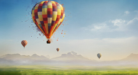 Obraz premium Colorful Hot Air Balloons in Scenic Mountain Landscape at Sunrise