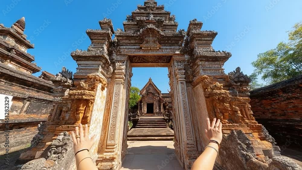 Aufkleber ancient structure archway with intricate carvings under clear blue sky hands framing the view of a h