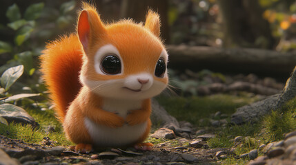 Obraz premium A cartoon squirrel with large eyes, orange fur, and a fluffy tail, standing on a forest path.