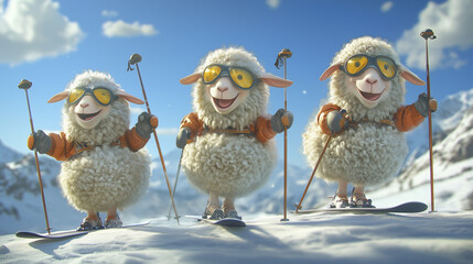 Three animated sheep wearing orange jackets, ski goggles, and skis, standing on a snowy mountain.