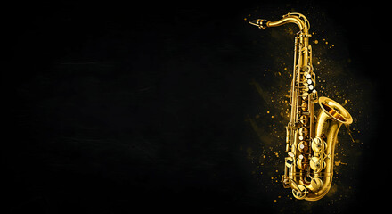 Obraz premium Glamorous Golden Saxophone on Dark Background with Sparkling Effects