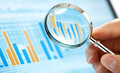 A hand holding a magnifying glass and analyzing financial data on a digital screen with graphs, charts