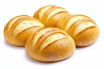 Fototapeta premium Freshly baked golden bread rolls stacked together on a clean white surface