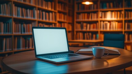 Naklejka premium Laptop with blank screen on table in Modern library or bookstore interior with Learning and coworking space,relax zone,Library with rows of bookshelves,school or university,education concept.