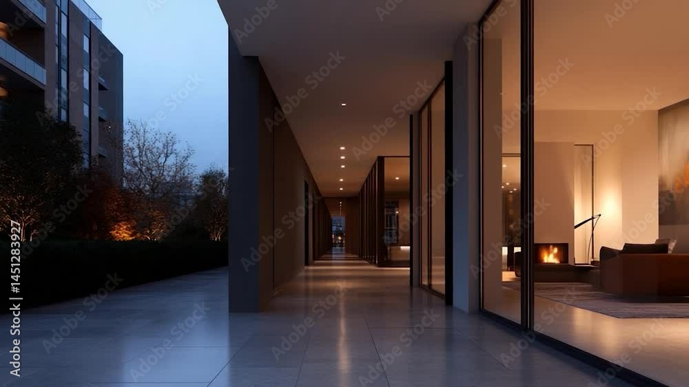 Poster a long illuminated hallway with modern architectural elements leads to a warm living area with a fir