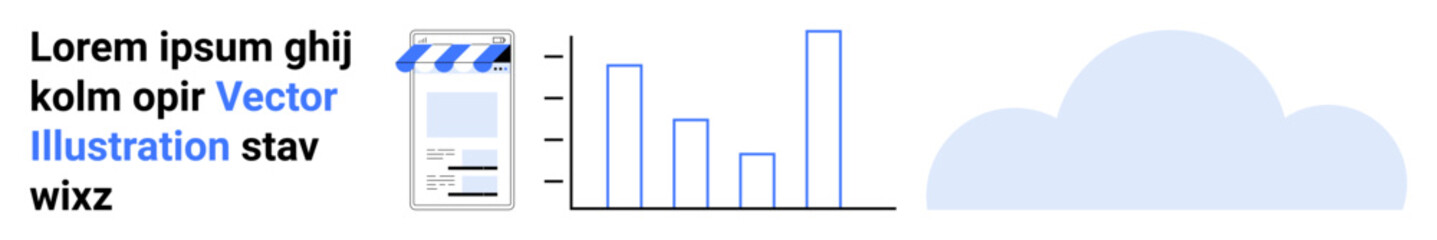 Smartphone storefront, bar chart analytics, and cloud element representing e-commerce, analytics, data storage, retail growth, technology, business strategy, and simple landing page