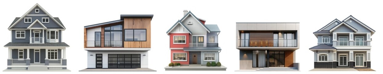Collection set of Split Level House front view full length isolated on white and transparent background, cut out png
