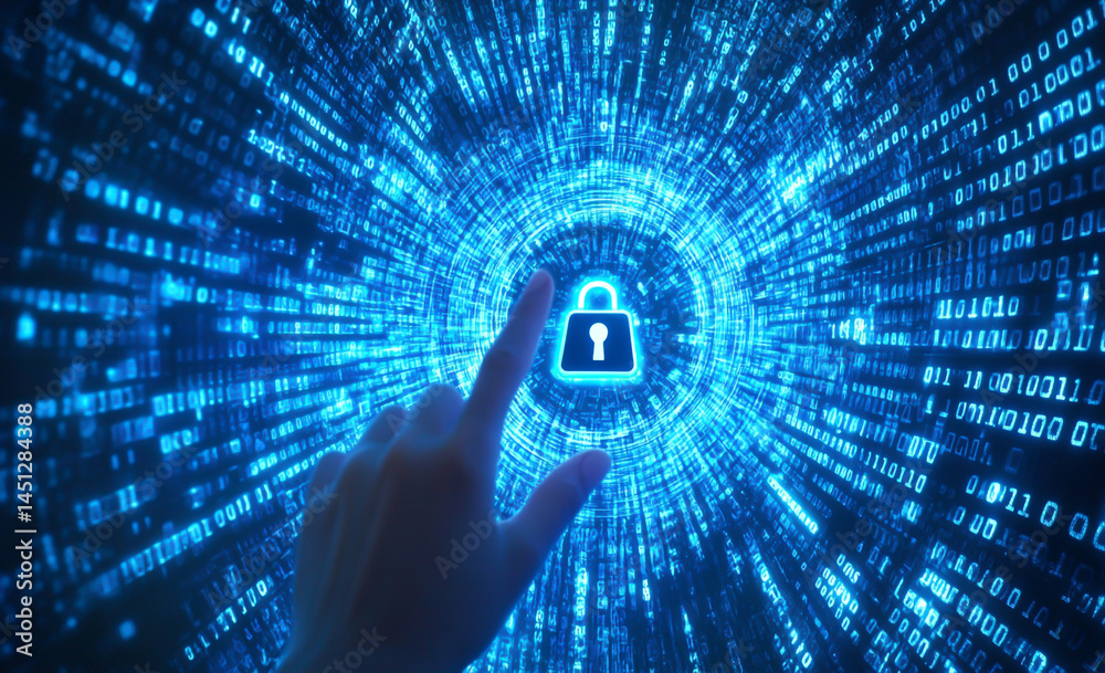 Wall mural a hand touching a digital padlock icon against a background of binary code