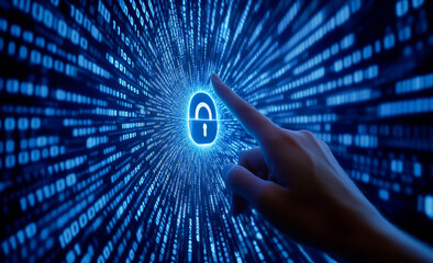 A hand touching a digital padlock icon against a background of binary code