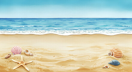 Fototapeta premium Serene Beach Scene with Seashells and Calming Ocean Background