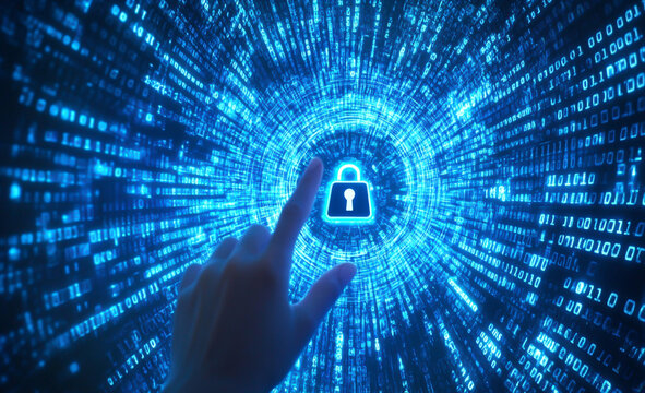 A hand touching a digital padlock icon against a background of binary code