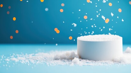 Christmas tree with white snowdrift,snowflakes,snow land,podium with bauble,Christmas theme stage podium mock up for product placement,Happy New Year. Celebrate party,Xmas Poster,web banner,festive.