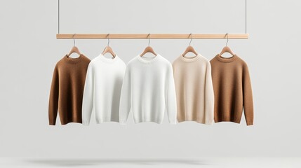 Beige and white fashion Clothes on a clothing hanger,knitwear and hoodies on hangers,Minimal fashion clothes on a rack,Fashion blog, website, social media,store in shopping mall,sale online.