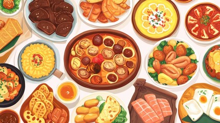 Variety of delicious food spread featuring colorful dishes and appetizers