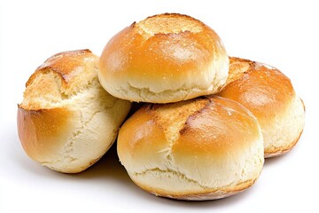 Freshly baked golden rolls stacked on a white background, showcasing their soft texture