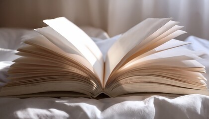  A hardback book with cream-colored pages opened halfway, lying on wrinkle-free white linens