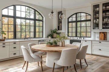 White oak dining table with round top and white concrete base, light grey fabric chairs, black steel windows in modern farmhouse kitchen.