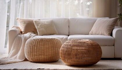 A woven rattan pouf sitting elegantly beside a contemporary white couch, complemented by she