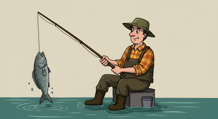 Naklejka premium Cartoon Fisherman Catching Fish on a Calm Lake in Bright Colors