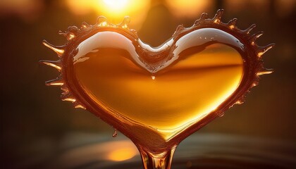 Close-up of honey spill in a heart shape, warm tone lighting, transparent surface with soft