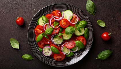  Top view of fresh salad with cherry tomatoes, sliced cucumbers, red onions, and basil on a m 