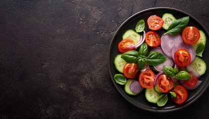  Top view of fresh salad with cherry tomatoes, sliced cucumbers, red onions, and basil on a m 