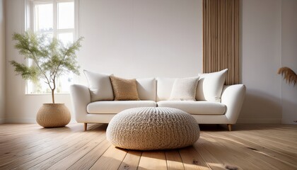  Understated elegance with a woven pouf positioned next to a minimalist white sofa, featuring 