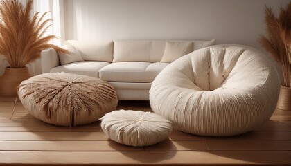  Understated elegance with a woven pouf positioned next to a minimalist white sofa, featuring 