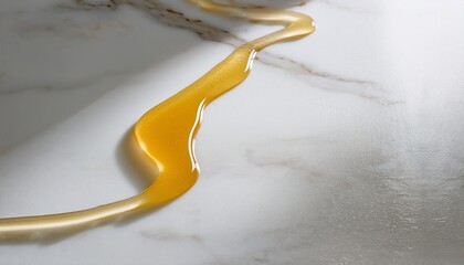 Viscous honey trail across a white marble surface, golden reflections glistening under natur 
