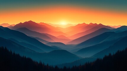Fototapeta premium Layered mountain silhouettes fading into the distance with warm golden hour light 