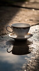 Teacup reflecting in puddle and soft backlighting with negative space on right